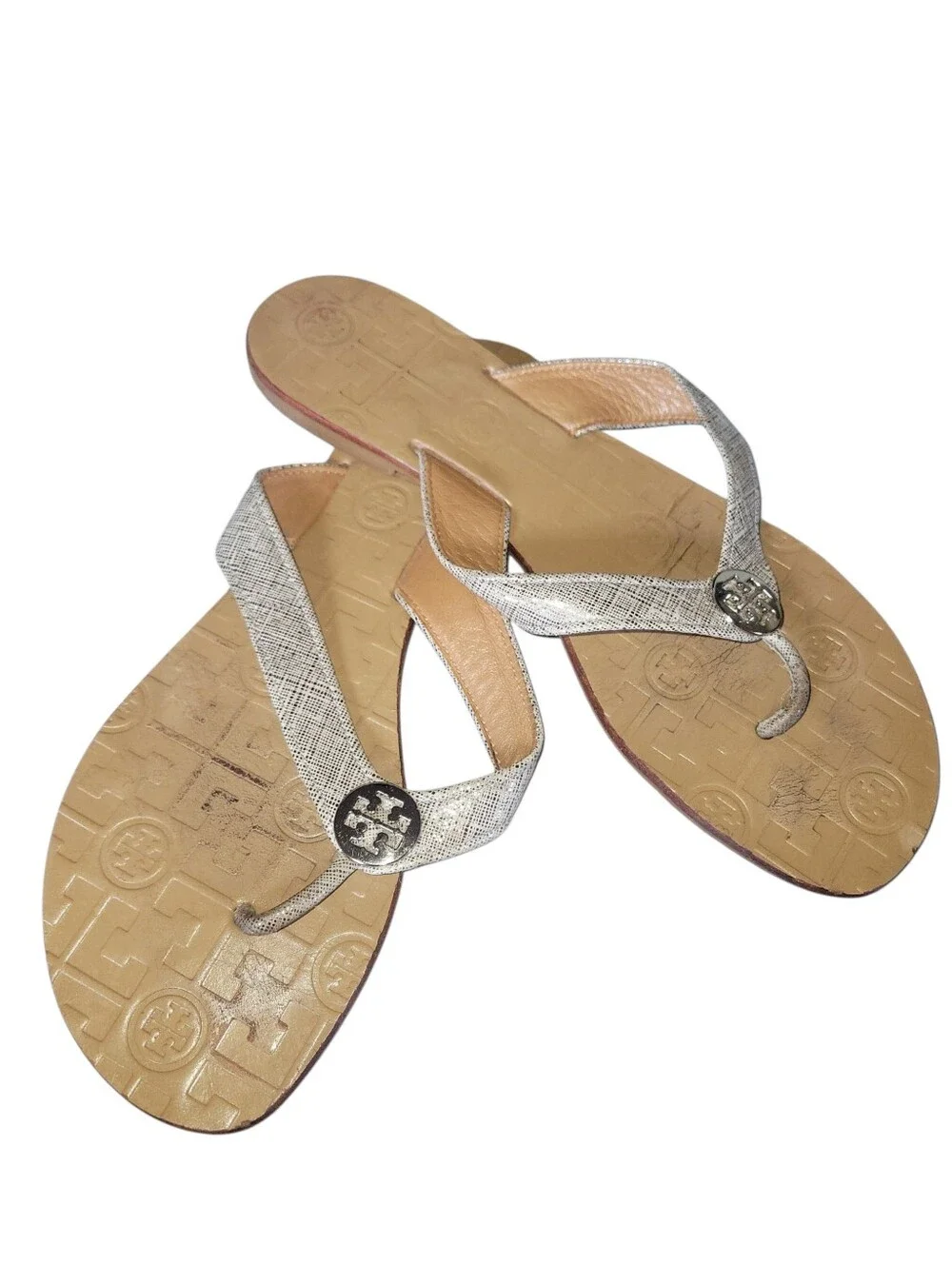 Tory Burch Thora  Metallic Silver Straps Leather W/Gold Logo Thong Sandals 8M